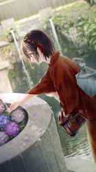 Rule 34 | 1girl, bag, braid, brown eyes, brown hair, carrying bag, commentary, cowboy shot, english commentary, facing to the side, flower, fountain, hair ribbon, highres, hydrangea, japanese clothes, kimono, light particles, obi, original, outdoors, petals, pool, red ribbon, ribbon, sake (utopia modoki), sash, short hair, sleeve pull, sleeves rolled up, solo, washing hands, water, waterfall, yukata