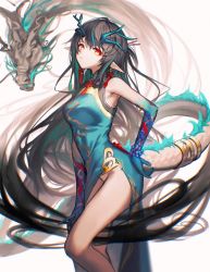 Rule 34 | 1girl, arknights, arm tattoo, bad id, bad twitter id, bead bracelet, beads, black hair, bracelet, breasts, china dress, chinese clothes, colored skin, dragon, dragon girl, dragon horns, dragon tail, dress, dusk (arknights), dusk (everything is a miracle) (arknights), ear piercing, feet out of frame, green hair, green skin, hand on own hip, highres, horns, jewelry, looking at viewer, medium breasts, multicolored hair, no panties, official alternate costume, piercing, pointy ears, red eyes, sleeveless, sleeveless dress, solo, streaked hair, tail, tattoo, veilrain, white background