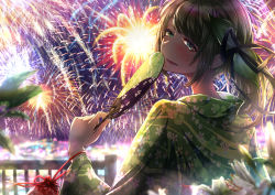 Rule 34 | 1girl, alternate costume, backlighting, blurry, blurry foreground, blush, brown hair, cluseller, female focus, fence, fireworks, floral print, flower, from behind, green eyes, green kimono, green ribbon, hair ribbon, half-closed eyes, hand fan, hand up, happy, hinamizawa kurumi, holding, japanese clothes, kimono, long hair, long sleeves, looking at viewer, looking back, mole, mole under eye, open mouth, outdoors, paper fan, pouch, pygmalion. (group), ribbon, side ponytail, smile, solo, standing, swept bangs, teeth, tongue, uchiwa, upper body, virtual youtuber, white flower