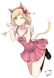 Rule 34 | 10s, 1girl, animal ears, blonde hair, boots, brown eyes, brown footwear, buttons, cat ears, cat tail, collarbone, djeeta (granblue fantasy), granblue fantasy, hairband, heart, kemonomimi mode, knee boots, linez, looking at viewer, one eye closed, paw pose, pink ribbon, ribbon, short hair, short sleeves, signature, simple background, solo, tail, white background