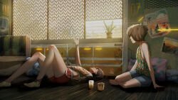 2girls barefoot black_hair brown_hair cup finger_gun glass interior mug multiple_girls on_floor original pillow plant poster_(object) potted_plant red_shorts short_hair shorts sitting socks spindle_(aidenr0) tank_top wooden_floor