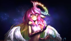 Rule 34 | 1girl, angel wings, breasts, commentary, spiked halo, feathered wings, gloves, gradient hair, grin, hair between eyes, halo, jibril (no game no life), long hair, low wings, magic circle, medium breasts, midriff, multicolored eyes, multicolored hair, navel, no game no life, pink eyes, pink hair, smile, solo, stomach, takuyarawr, teeth, torn clothes, very long hair, watermark, web address, white wings, wing ears, wings, yellow eyes