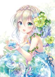 Rule 34 | 1girl, :d, bare shoulders, blue dress, blue eyes, blue ribbon, braid, breasts, cleavage, commentary request, crown braid, dress, flower, gem, green eyes, green footwear, hair between eyes, hair flower, hair ornament, hands up, heterochromia, highres, large breasts, light brown hair, long hair, open mouth, original, pink hair, ribbon, sakura moyon, silver hair, smile, solo, strapless, strapless dress, very long hair