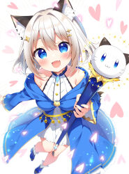 Rule 34 | 1girl, :d, animal ear fluff, animal ears, aoi yun, bare shoulders, blue footwear, blue robe, blush, cat ears, commentary request, commission, dress, fang, fish hair ornament, foreshortening, grey hair, hair ornament, heart, high heels, highres, holding, holding wand, hood, hood down, hooded robe, long sleeves, looking at viewer, open clothes, open mouth, open robe, original, robe, shoes, short eyebrows, simple background, skeb commission, sleeveless, sleeveless dress, smile, solo, sparkle, thick eyebrows, wand, white background, white dress, wide sleeves