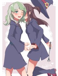 Rule 34 | 10s, 2girls, blue eyes, blush, boots, brown hair, kissing cheek, diana cavendish, hat, highres, kagari atsuko, kiss, little witch academia, long hair, multiple girls, open mouth, wand, witch, witch hat, yuri