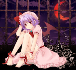 Rule 34 | 1girl, ankle cuffs, ankle garter, anklet, bad id, bad pixiv id, barefoot, bat wings, blush, crescent moon, dress, feet, female focus, flower, hat, jewelry, light purple hair, love-moon, moon, night, night sky, purple hair, red eyes, red moon, remilia scarlet, short hair, sitting, sky, smile, solo, touhou, wings, wrist cuffs, yuuki (moon child)