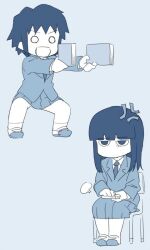 Rule 34 | 2girls, aiming, anger vein, annoyed, bernard-jou iwaku., blazer, blue theme, blunt bangs, book, chibi, closing book, commentary request, dual wielding, furrowed brow, holding, holding book, jacket, jitome, kanbayashi shiori, legs apart, long hair, long sleeves, machida sawako, monochrome, multiple girls, necktie, no mouth, o o, om (nk2007), on chair, open mouth, outstretched arms, playing, pleated skirt, shoes, short hair, simple background, sitting, skirt, smile, squatting, standing, uwabaki, v-shaped eyebrows