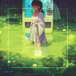 Rule 34 | 1girl, absurdres, artist name, breasts, brown hair, carrying, cleavage, closed mouth, coin slot, collarbone, commentary, cowboy shot, dated, dress, dyzinliz, english commentary, english text, expressionless, flower, green eyes, highres, holding, holding umbrella, lily pad, long hair, long sleeves, looking to the side, lotus, medium breasts, original, outdoors, partially submerged, plant, qr code, ripples, solo, standing, transparent, transparent umbrella, umbrella, vending machine, water, water drop, white dress, white flower, wide sleeves, yellow flower