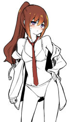 Rule 34 | 1girl, :&lt;, alternate hairstyle, bare shoulders, bikini, blush, bra, breasts, brown hair, clothes down, collarbone, gluteal fold, hand on own hip, long hair, long sleeves, looking at viewer, makise kurisu, misti, necktie, off-shoulder jacket, off shoulder, panties, partially colored, ponytail, purple eyes, red necktie, sidelocks, simple background, small breasts, solo, standing, steins;gate, sweatdrop, swimsuit, underwear, white background, white bra, white panties