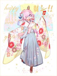 Rule 34 | 1girl, bow, creature, fate/grand order, fate (series), fou (fate), glasses, hair over one eye, japanese clothes, kimono, light purple hair, looking at viewer, mash kyrielight, mash kyrielight (irohanihoheto), namie-kun, official alternate costume, on shoulder, purple eyes, short hair, smile, solo, waist bow