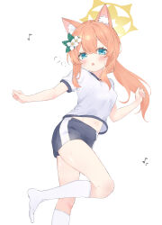Rule 34 | 1girl, absurdres, animal ear fluff, animal ears, black shorts, blue archive, blue eyes, blush, breasts, cat ears, eighth note, flower, foot out of frame, gym shirt, gym shorts, gym uniform, hair flower, hair ornament, halo, highres, k63sss, long hair, looking at viewer, mari (blue archive), mari (track) (blue archive), musical note, no shoes, official alternate costume, open mouth, orange hair, shirt, short sleeves, shorts, simple background, small breasts, socks, solo, white background, white flower, white shirt, white socks, yellow halo