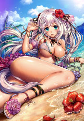 Rule 34 | 1girl, absurdres, animal ears, ankleband, arm support, artist request, ass, beach, bikini, bikini skirt, blue sky, blush, bracelet, breasts, cleavage, cloud, day, dutch angle, feet, female focus, flower, frilled bikini, frills, front-tie top, hair flower, hair ornament, hibiscus, highres, jewelry, large breasts, leg lift, lens flare, long hair, long legs, looking at viewer, lying, nagian, ocean, on side, open mouth, original, outdoors, parted lips, partially submerged, sandals, scan, shiny skin, silver hair, sky, smile, solo, strap pull, strap slip, swimsuit, tail, toes, untied bikini, wet, white bikini