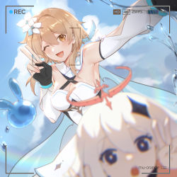 Rule 34 | 2girls, ;d, absurdres, animal ears, armpits, bare shoulders, blonde hair, blue eyes, blue sky, breasts, cleavage, cloud, cloudy sky, dress, fairy, fingerless gloves, flower, genshin impact, gloves, hair flower, hair ornament, halo, highres, looking at viewer, lumine (genshin impact), mujizi, multiple girls, one eye closed, open mouth, paimon (genshin impact), photobomb, rabbit ears, rainbow, recording, sky, smile, water, white dress, white hair