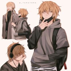 Rule 34 | 2boys, alternate costume, androgynous, backpack, bag, belt, blonde hair, brown eyes, buckle, canute, carrying, carrying over shoulder, closed eyes, closed mouth, collarbone, contemporary, earrings, face mask, hair between eyes, hand on own chin, headphones, height difference, highres, hood, hoodie, jacket, jewelry, long hair, looking to the side, male focus, mask, unworn mask, messy hair, multiple boys, multiple views, open mouth, profile, sidelocks, sweater, tamatora, teeth, thorfinn, tongue, turtleneck, turtleneck sweater, twitter username, upper teeth only, vinland saga