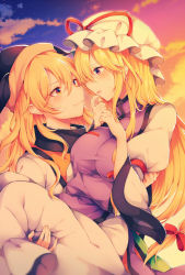 Rule 34 | 2girls, arm strap, backlighting, black headwear, blonde hair, blue sky, blush, bow, breasts, carrying, closed mouth, cloud, commentary, commentary request, dress, eye contact, gradient eyes, gradient sky, hair between eyes, hair bow, hat, hat ribbon, highres, large breasts, light smile, long hair, long sleeves, looking at another, matara okina, mob cap, multicolored eyes, multiple girls, orange sky, outdoors, parted lips, pink eyes, princess carry, profile, purple eyes, purple sky, red bow, red ribbon, ribbon, sidelocks, sky, star (sky), sunlight, sunset, sweat, sweatdrop, tabard, tama (soon32281), touhou, twilight, upper body, white dress, white headwear, wide sleeves, yakumo yukari, yellow eyes, yuri