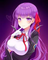 Rule 34 | 1girl, bb (fate), bb (fate/extra), blush, breasts, closed mouth, fate/grand order, fate (series), finger to mouth, gloves, hair ribbon, heart, imoguri, large breasts, long hair, looking at viewer, purple eyes, purple hair, red ribbon, ribbon, smile, solo, upper body, white gloves