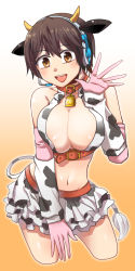 Rule 34 | 10s, 1girl, animal ears, animal print, bell, breasts, brown eyes, brown hair, cow ears, cow horns, cow print, cowbell, gloves, headset, horns, idolmaster, idolmaster cinderella girls, large breasts, oikawa shizuku, open mouth, short hair, solo, wm (chawoo1357)