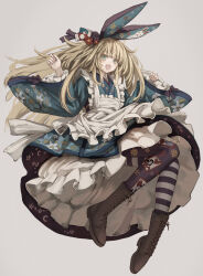 Rule 34 | 1girl, animal ears, apron, asymmetrical legwear, blonde hair, boots, card, cross-laced footwear, dress, floral print, frilled apron, frilled dress, frills, full body, green eyes, grey background, highres, lace-up boots, lolita fashion, long hair, long sleeves, maid, mismatched legwear, open mouth, original, osobachan, pantyhose, playing card, print pantyhose, rabbit ears, revision, simple background, smile, solo, striped, wa lolita, wa maid