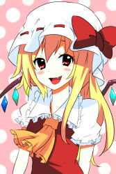 Rule 34 | 1girl, blonde hair, blouse, blush stickers, collared shirt, embodiment of scarlet devil, fang, female focus, flandre scarlet, hair between eyes, hat, highres, mob cap, negiko, red eyes, shirt, solo, touhou, white hat, white shirt, wings