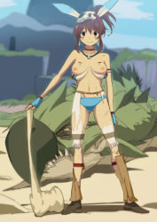 Rule 34 | 1girl, bad id, bad pixiv id, bodypaint, breasts, brown hair, capcom, choker, club (weapon), facepaint, jewelry, monster hunter (series), navel, necklace, nipples, nishi tanuki, panties, ponytail, rathian, red eyes, shoes, solo, standing, topless, tusks, underwear, weapon