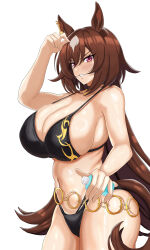 Rule 34 | 1girl, absurdres, alternate costume, animal ears, bare shoulders, bikini, black bikini, bottle, breasts, brown hair, commentary request, cowboy shot, ear ornament, grin, hair between eyes, highres, holding, holding bottle, horse ears, horse girl, horse tail, large breasts, long hair, looking at viewer, multicolored hair, red eyes, revealing clothes, simple background, sirius symboli (umamusume), smile, solo, streaked hair, swimsuit, tail, tessa (uma orfevre), umamusume, very long hair, white background, white hair
