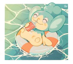 Rule 34 | afloat, blush, border, closed eyes, closed mouth, commentary request, creatures (company), cup, drinking, drinking straw, game freak, gen 5 pokemon, holding, holding cup, innertube, nintendo, no humans, omyo (myomyomyo22), panpour, pokemon, pokemon (creature), smile, solo, swim ring, water, white border