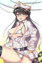 Rule 34 | 1girl, akoniii, bambietta basterbine, belt, bikini, black belt, black hair, bleach, bleach: sennen kessen-hen, blue eyes, blurry, blurry background, blurry foreground, blush, breasts, cameltoe, chain, cleavage, commentary, covered erect nipples, depth of field, english commentary, female focus, gloves, gluteal fold, gradient background, hat, jacket, large breasts, long hair, looking at viewer, military, military uniform, off shoulder, on one knee, open clothes, open jacket, open mouth, panties, peaked cap, quincy (bleach), smile, solo, sweatdrop, swimsuit, underwear, uniform, wandenreich, white bikini, white panties, yellow background