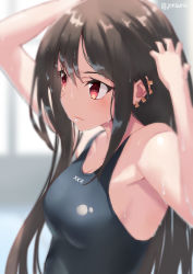 Rule 34 | 1girl, bare shoulders, black one-piece swimsuit, blush, breasts, brown hair, closed mouth, competition swimsuit, ear piercing, earrings, fate/grand order, fate (series), hair between eyes, highres, jewelry, jonsun, long hair, medium breasts, multiple earrings, one-piece swimsuit, piercing, solo, swimsuit, very long hair, wet, yu mei-ren (fate)
