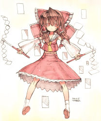 Rule 34 | 1girl, ascot, bad id, bad pixiv id, bow, brown hair, detached sleeves, dual wielding, female focus, gohei, hair bow, hakurei reimu, holding, japanese clothes, midriff, miko, ofuda, red eyes, rondo bell, short hair, skirt, solo, touhou