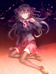 1girl black_thighhighs blazer breasts female_focus hair_ribbon jacket large_breasts light_purple_hair long_hair long_sleeves looking_at_viewer open_mouth original red_eyes red_skirt ribbon scared school_uniform shirt sitting skirt solo sunakumo sweat tears thighhighs thighs two_side_up zettai_ryouiki