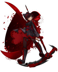 Rule 34 | 1girl, black hair, black pantyhose, bleedman, boots, cape, cross-laced footwear, high heels, highres, hood, hooded cape, lace-up boots, pantyhose, petals, red cape, rose petals, ruby rose, rwby, scythe, thighhighs, weapon