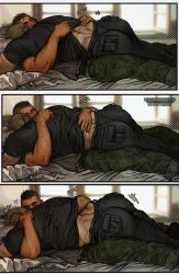 Rule 34 | 2boys, ass, asymmetrical hair, bara, bed, black hair, black pants, black shirt, blonde hair, call of duty, call of duty: modern warfare 2, camouflage, camouflage pants, closed eyes, couple, ghost (modern warfare 2), green pants, hand under clothes, highres, hug, looking at another, lying, lying on person, male focus, multiple boys, muscular, muscular male, on back, on bed, pants, shirt, short hair, sidecut, soap (modern warfare 2), tickling, tickling back, umikochannart, undercut, yaoi