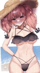 Rule 34 | 1girl, absurdres, atlanta (kancolle), bare arms, bare legs, bare shoulders, bikini, black bikini, blush, breasts, brown hair, brown hat, cowboy shot, grey eyes, hair between eyes, hat, highres, kantai collection, large breasts, long hair, navel, one-hour drawing challenge, parted lips, qqqmei, solo, straw hat, swimsuit, twitter username, two side up
