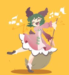 Rule 34 | 1girl, animal ears, beamed eighth notes, black footwear, blush stickers, broom, closed eyes, dog ears, dog tail, dress, eighth note, fang, full body, green hair, highres, holding, holding broom, kasodani kyouko, long sleeves, musical note, open mouth, pink dress, shinsei tomato, shoes, short hair, simple background, smile, socks, solo, tail, touhou, white socks, yellow background
