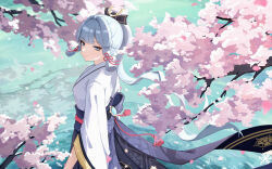 Rule 34 | 1girl, absurdres, ayaka (genshin impact), blue eyes, blue hair, blue skirt, blunt tresses, cherry blossoms, closed mouth, commentary request, cowboy shot, expressionless, falling petals, from side, genshin impact, hair ribbon, highres, japanese clothes, kazezz, kimono, light blue hair, long hair, long sleeves, looking at viewer, mole, mole under eye, obi, petals, ponytail, ribbon, ripples, sash, skirt, solo, tassel, tress ribbon, very long hair, water, white kimono, wide sleeves