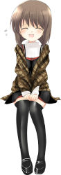 Rule 34 | 1girl, :d, ^ ^, black skirt, black thighhighs, blush, brown hair, brown shirt, closed eyes, full body, hands on lap, kanon, kayune niu, loafers, long image, mary janes, misaka shiori, open mouth, plaid, plaid shirt, shirt, shoes, short hair, simple background, skirt, smile, solo, tall image, thighhighs, turtleneck, white background, zettai ryouiki