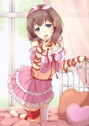 Rule 34 | 10s, 1girl, barefoot, bed, blue eyes, breasts, brown hair, choker, detached sleeves, dress, earrings, frilled skirt, frills, hair ribbon, hairband, heart, heart-shaped pupils, heart earrings, idolmaster, idolmaster cinderella girls, jewelry, kneeling, large breasts, leg ribbon, looking at viewer, midriff, on bed, open mouth, pink shirt, pink skirt, ponishi., puffy detached sleeves, puffy sleeves, ribbon, sakuma mayu, shirt, short hair, single thighhigh, skirt, smile, solo, symbol-shaped pupils, thighhighs, white thighhighs