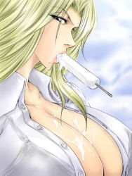 Rule 34 | 00s, 1girl, bleach, blonde hair, blue eyes, breasts, cleavage, dunga, food, huge breasts, long hair, matsumoto rangiku, melting, mole, mole under mouth, mouth hold, popsicle, sexually suggestive, solo