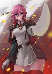 Rule 34 | 1girl, aircraft, airplane, azur lane, blue eyes, breasts, closed mouth, eyes visible through hair, feet out of frame, fire, gloves, highres, holding, holding sword, holding weapon, ishimaru (ishimarust), lips, long hair, long sleeves, looking at viewer, necktie, pink hair, red necktie, seydlitz (azur lane), solo, standing, sword, uniform, war, weapon, white gloves