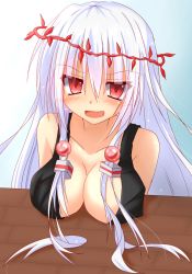 Rule 34 | 1girl, black vest, blue background, blush, breast rest, breasts, breasts on table, character request, cleavage, eyes visible through hair, gradient background, hair ornament, highres, kanya (cybelekanaya), large breasts, long hair, looking at viewer, lord of vermilion iii, open mouth, red eyes, silver hair, solo, table, upper body, vest, white background