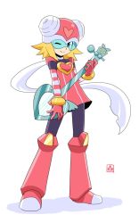Rule 34 | 1girl, blonde hair, bodysuit, boots, closed mouth, dress, gloves, green eyes, guitar, harp note (mega man), heart, helmet, instrument, looking at viewer, mega man (series), mega man star force, muu (mumumer), one eye closed, pantyhose, scarf, short hair, simple background, smile, solo, striped, visor, white background