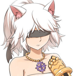 Rule 34 | 1girl, animal ear fluff, animal ears, black blindfold, black gloves, blindfold, breasts, cat ears, cleavage, commentary request, gauntlets, gloves, high ponytail, jewelry, medium breasts, medium hair, natsuya (kuttuki), necklace, parted lips, ragnarok online, sarashi, simple background, solo, sura (ragnarok online), upper body, white background, white hair