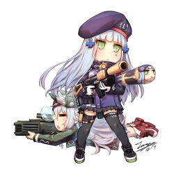 Rule 34 | 2girls, :&lt;, = =, assault rifle, beret, black footwear, black legwear, black skirt, blue hair, blunt bangs, blush, blush stickers, boots, breasts, bullpup, caseless firearm, chibi, closed eyes, closed mouth, commentary, dated, facial mark, firing, flat cap, g11 (girls&#039; frontline), girls&#039; frontline, gloves, green headwear, green jacket, gun, h&amp;k g11, h&amp;k hk416, hair between eyes, hat, heckler &amp; koch, hk416 (girls&#039; frontline), horizontal magazine, jacket, long hair, long sleeves, looking away, lying, multiple girls, name connection, nose bubble, object namesake, on stomach, open clothes, open jacket, parted lips, pleated skirt, profile, purple headwear, purple jacket, red footwear, rifle, signature, silver hair, simple background, skirt, small breasts, standing, tama yu, thighhighs, triangle mouth, v-shaped eyebrows, very long hair, weapon, white background, white gloves