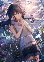 Rule 34 | 1girl, absurdres, amano hina (tenki no ko), bare arms, bare shoulders, black choker, black hair, choker, closed eyes, cowboy shot, dfd, highres, hood, hooded jacket, jacket, long hair, low twintails, outdoors, own hands together, palms together, rain, shorts, sleeveless, sleeveless jacket, solo, standing, tenki no ko, twintails, white jacket
