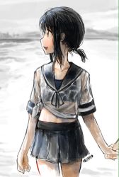 Rule 34 | 10s, 1girl, artist name, beach, ergot, fubuki (kancolle), holding hands, hill, kantai collection, looking to the side, midriff, navel, ocean, open mouth, out of frame, partially colored, pleated skirt, ponytail, see-through, shirt, short ponytail, sketch, skirt, sky, smile, solo focus, sports bra, tied shirt, walking, water, wet, wet clothes, wet hair
