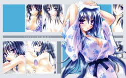 Rule 34 | 1boy, 1girl, :d, :o, arms up, bath yukata, blue hair, blush, breast press, breasts, cleavage, collarbone, covered erect nipples, drying, drying hair, fingernails, girl on top, highres, japanese clothes, kimono, long hair, long sleeves, looking at viewer, matra milan, medium breasts, multiple views, noihara himari, official art, official wallpaper, omamori himari, open mouth, paw print, purple eyes, serious, sideboob, smile, towel, undressing, upper body, very long hair, wallpaper, wide sleeves, yukata
