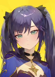 Rule 34 | 1girl, absurdres, alaskastomatoez, black choker, black hair, brooch, choker, close-up, closed eyes, genshin impact, green eyes, highres, jewelry, long hair, looking at viewer, mona (genshin impact), portrait, simple background, solo, teeth, twintails, upper teeth only, yellow background