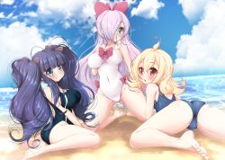 Rule 34 | 3girls, ass, bare arms, bare legs, bare shoulders, barefoot, beach, black one-piece swimsuit, blonde hair, blush, bow, breasts, closed mouth, covered navel, ether core, feet, gwendolyn (ether core), hair bow, hair over one eye, highres, large breasts, long hair, looking back, miu (ether core), multiple girls, one-piece swimsuit, original, outdoors, sasha (ether core), smile, soles, swimsuit, toes, water