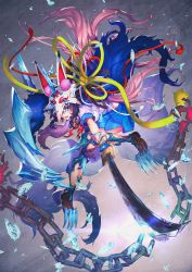 Rule 34 | 1girl, animal ears, black hair, blue eyes, blue skirt, blush, bow, broken, broken chain, chain, chain, claws, fake animal ears, fire, highres, holding, holding sword, holding weapon, ice, katana, medium hair, nijimaarc, open mouth, original, red bow, red neckwear, skirt, solo, sword, teeth, tongue, torn clothes, weapon, white headwear