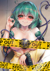 Rule 34 | 1girl, blush, breasts, caution tape, commentary request, green eyes, green hair, green nails, heart, heart-shaped pupils, highres, komeiji koishi, large areolae, large breasts, long sleeves, looking at viewer, lying, nipples, on back, paid reward available, shirt, solo, symbol-shaped pupils, third eye, touhou, variant set, yamataka, yellow shirt